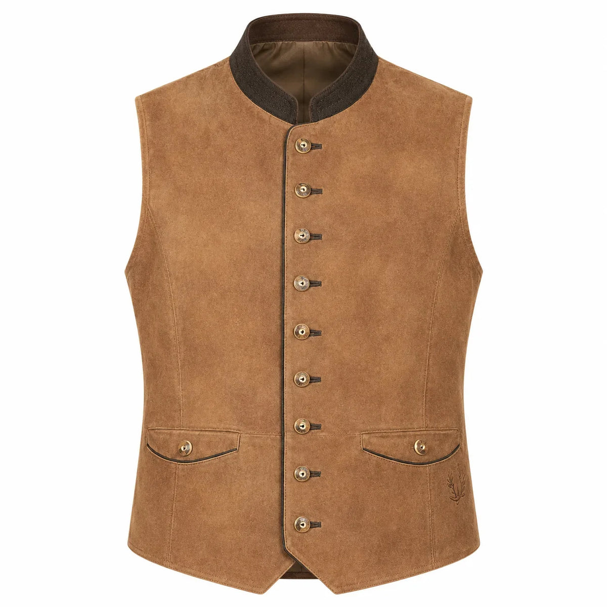 A brown suede-like waistcoat vest with a dark brown collar, decorative metal buttons down the front, and two front flap pockets, shown on a plain white background.