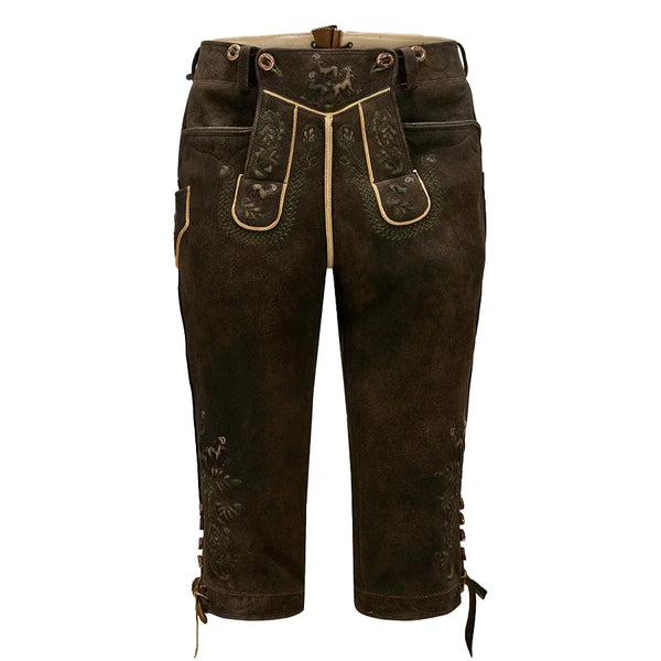 Brown leather pants with decorative stitching on a white background