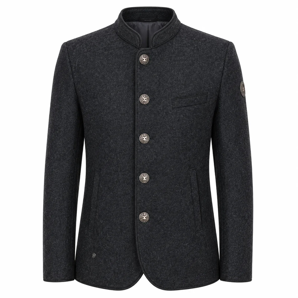 A dark charcoal gray wool-blend jacket with a mandarin collar, five decorative buttons, and a single chest pocket, shown on a plain white background.