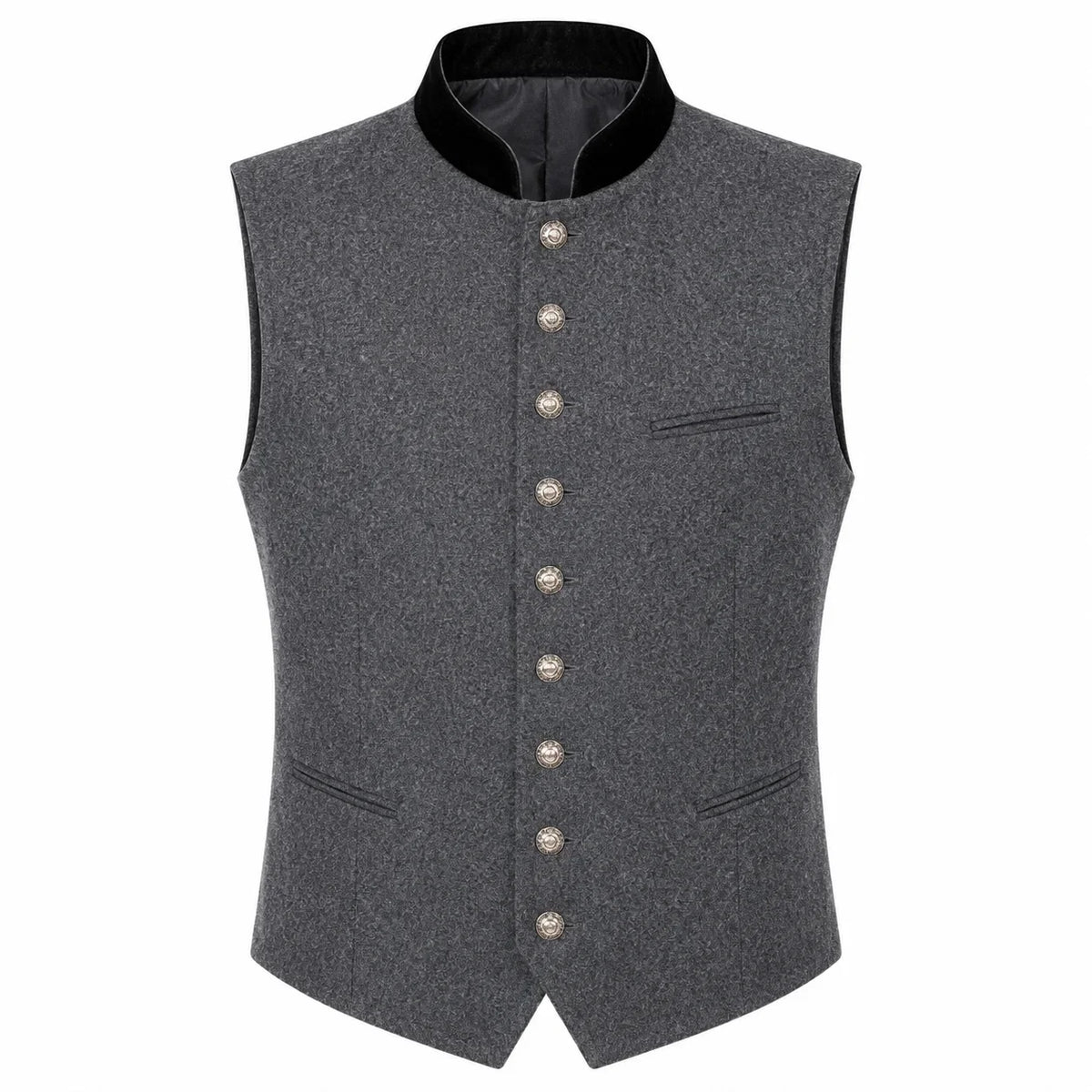 A dark gray textured waistcoat vest with a black mandarin collar and decorative silver buttons down the front, displayed on a solid white background.