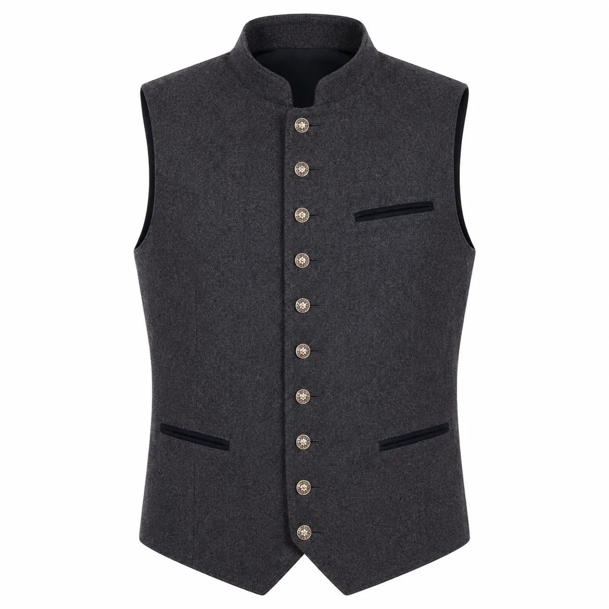 A dark gray wool vest with a mandarin collar, decorative front buttons, and contrast black piping details, shown against a plain white background.