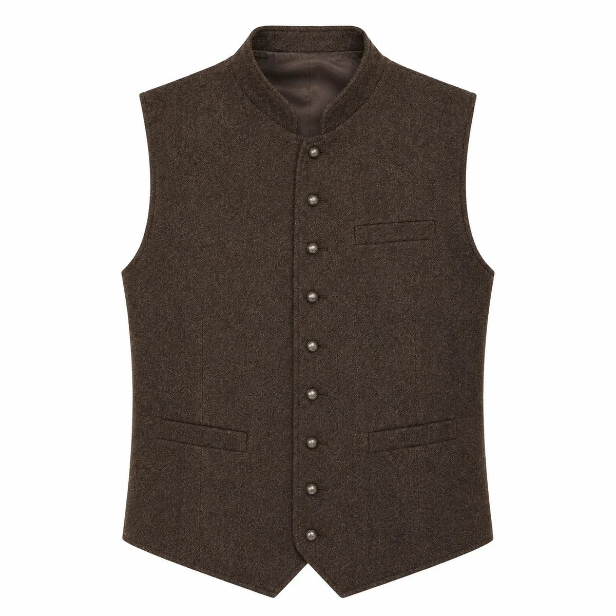 A dark brown wool vest with a mandarin collar, button front closure, and flap pockets, shown against a plain white background.