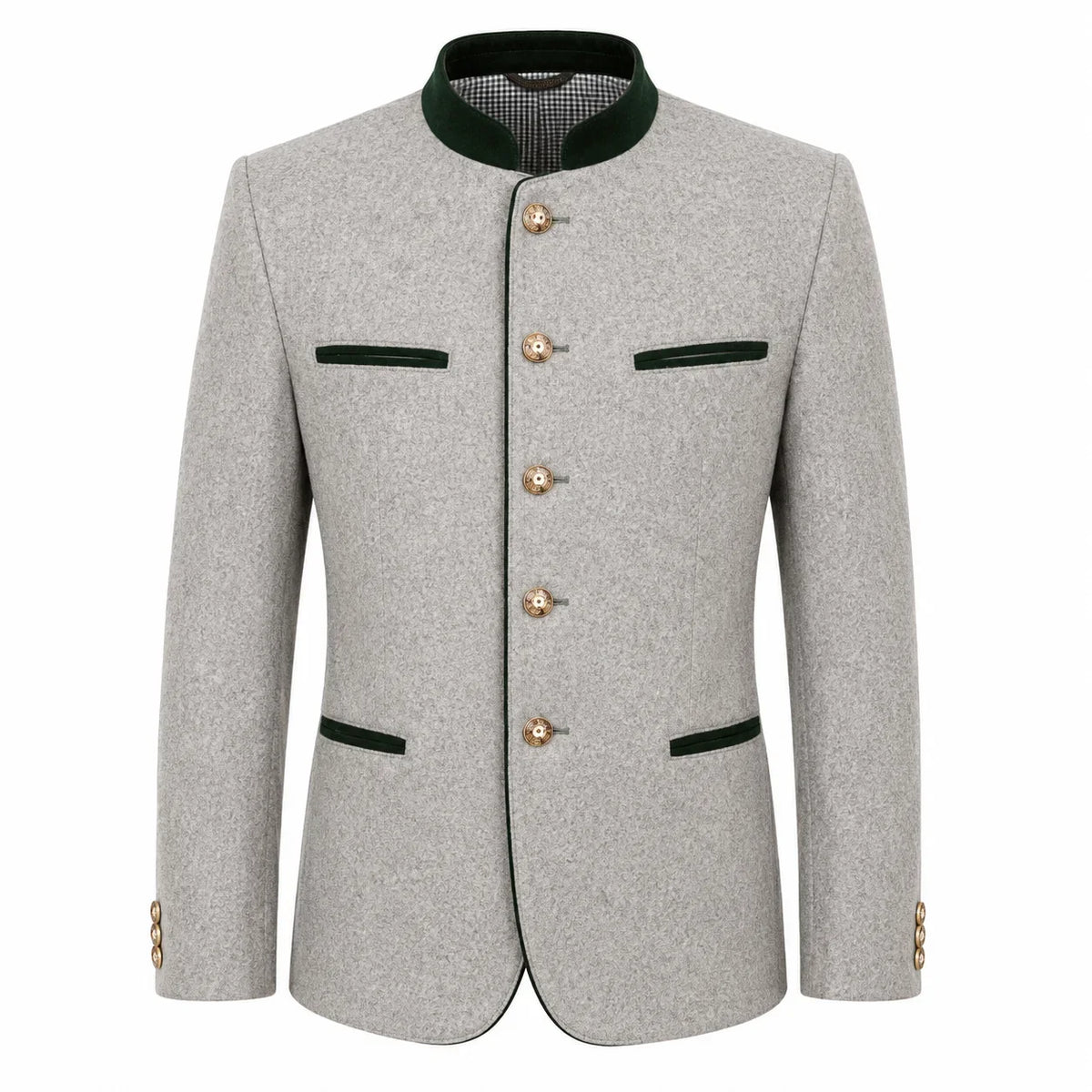 A light gray textured jacket with a dark green mandarin collar, green trim details, and gold-tone buttons, shown on a plain white background.