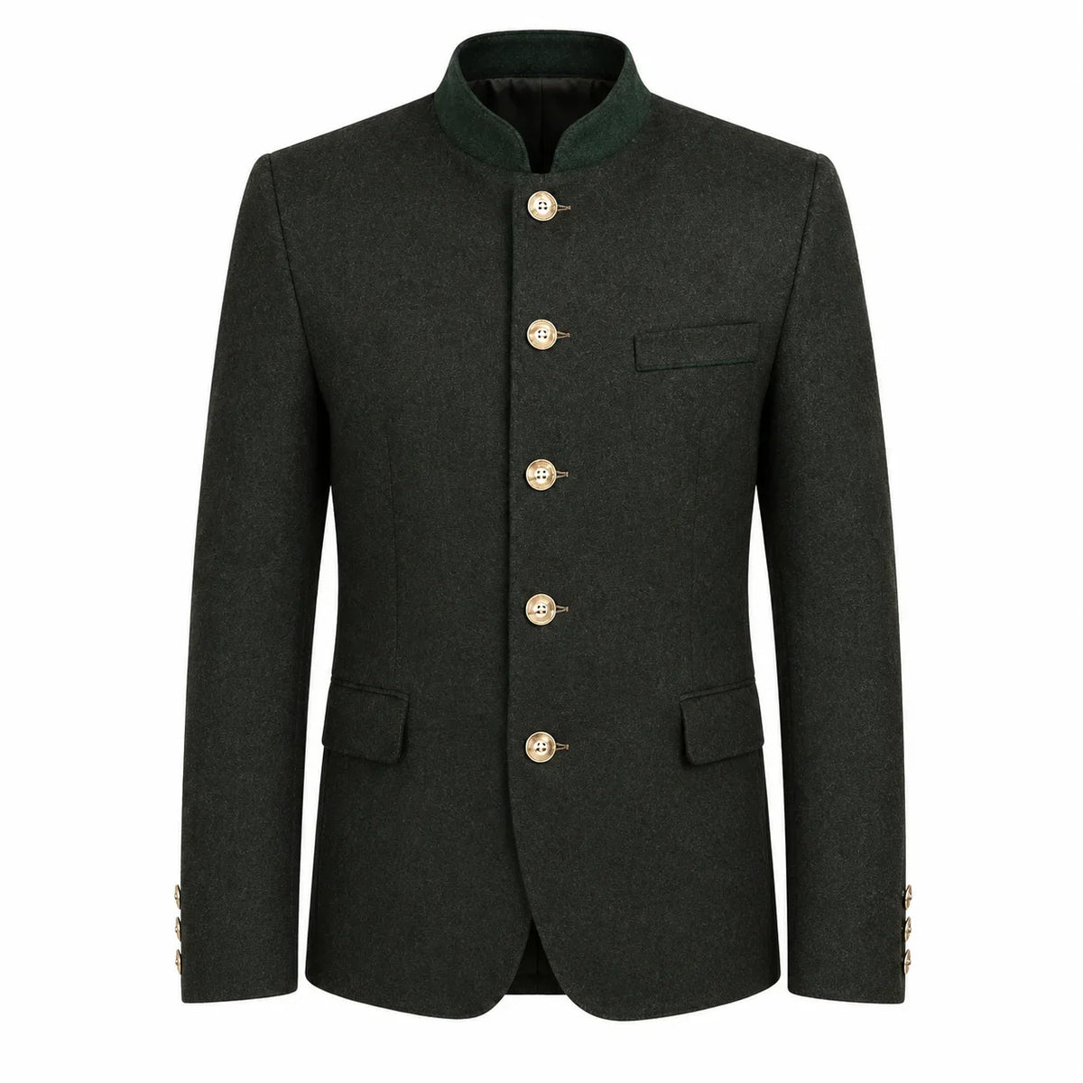 A dark charcoal gray traditional jacket with a mandarin collar, gold buttons, and a green inner collar, shown on a plain white background.