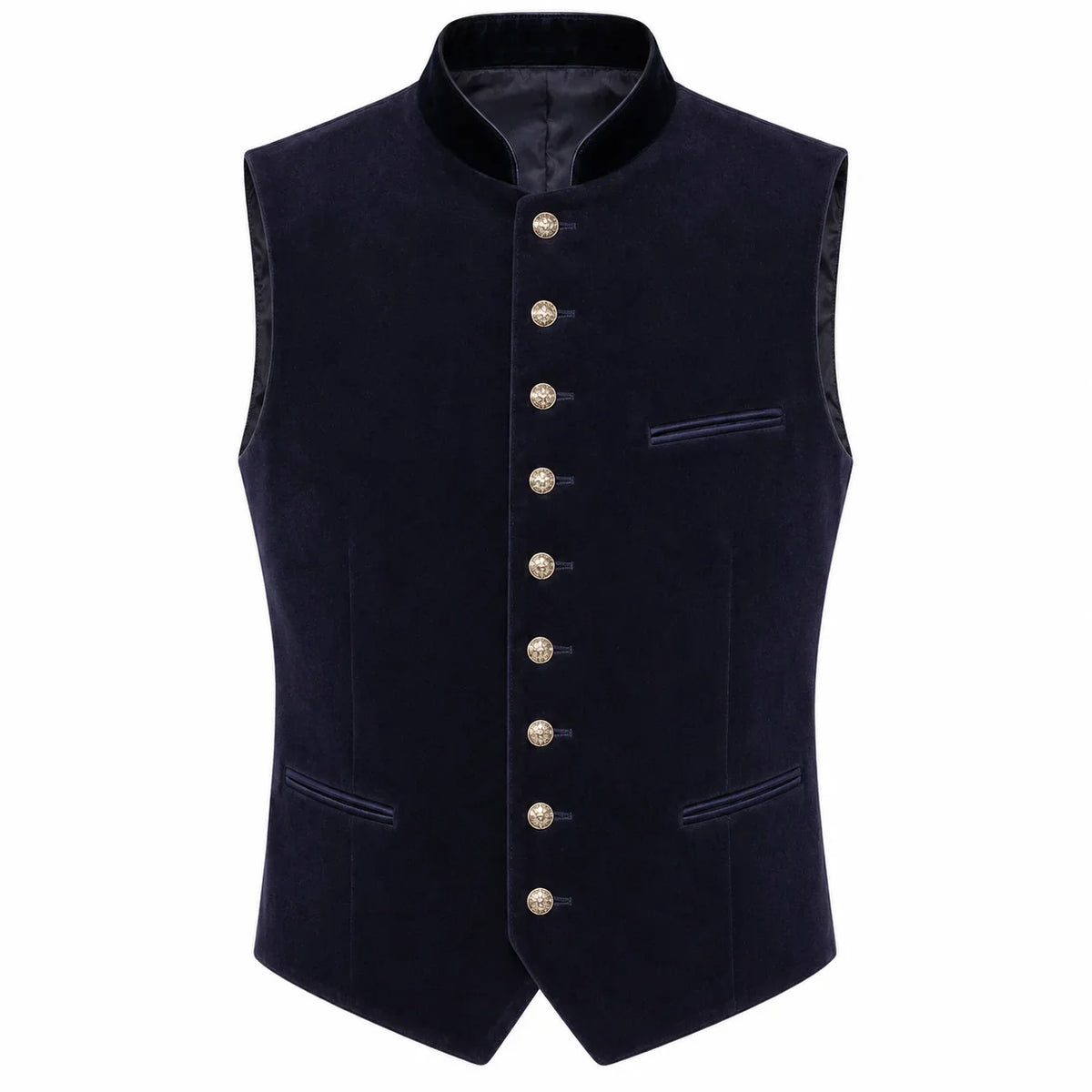 A dark navy blue velvet waistcoat vest with a high stand collar, decorative gold-tone buttons down the front, and welt pockets, shown against a plain white background.