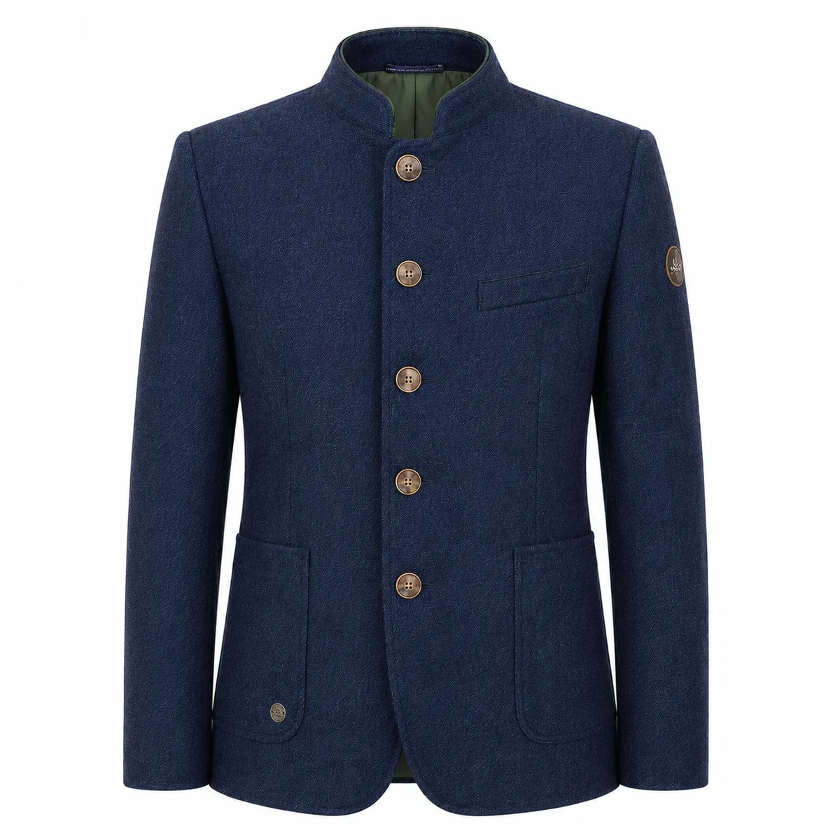 A men's navy blue wool-blend jacket with a mandarin collar, five decorative gold-tone buttons, and flap pockets, shown on a plain white background.