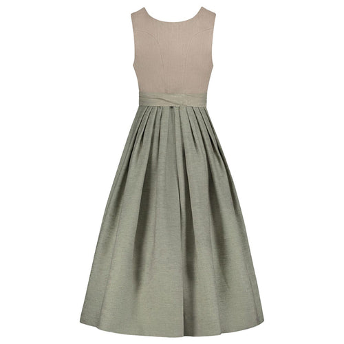 Two-tone dress with beige top and green skirt on a white background
