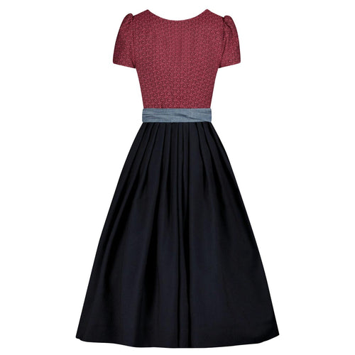 Two-tone dress with red top and black skirt on a white background