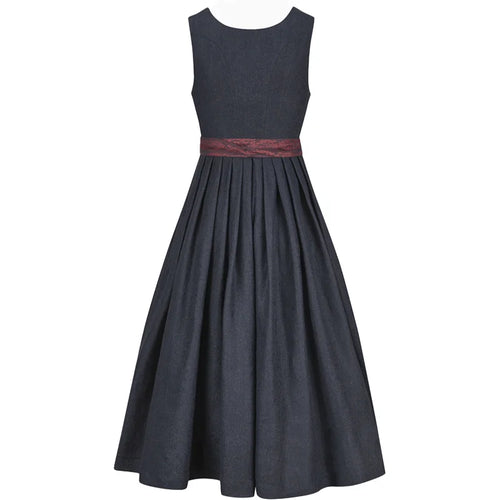 Dark gray dress with a red belt on a white background