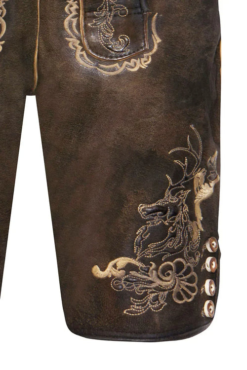 Brown leather shorts with gold embroidery and decorative buttons on a white background