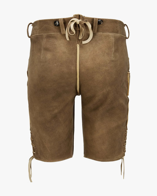Brown leather shorts with drawstring on a white background