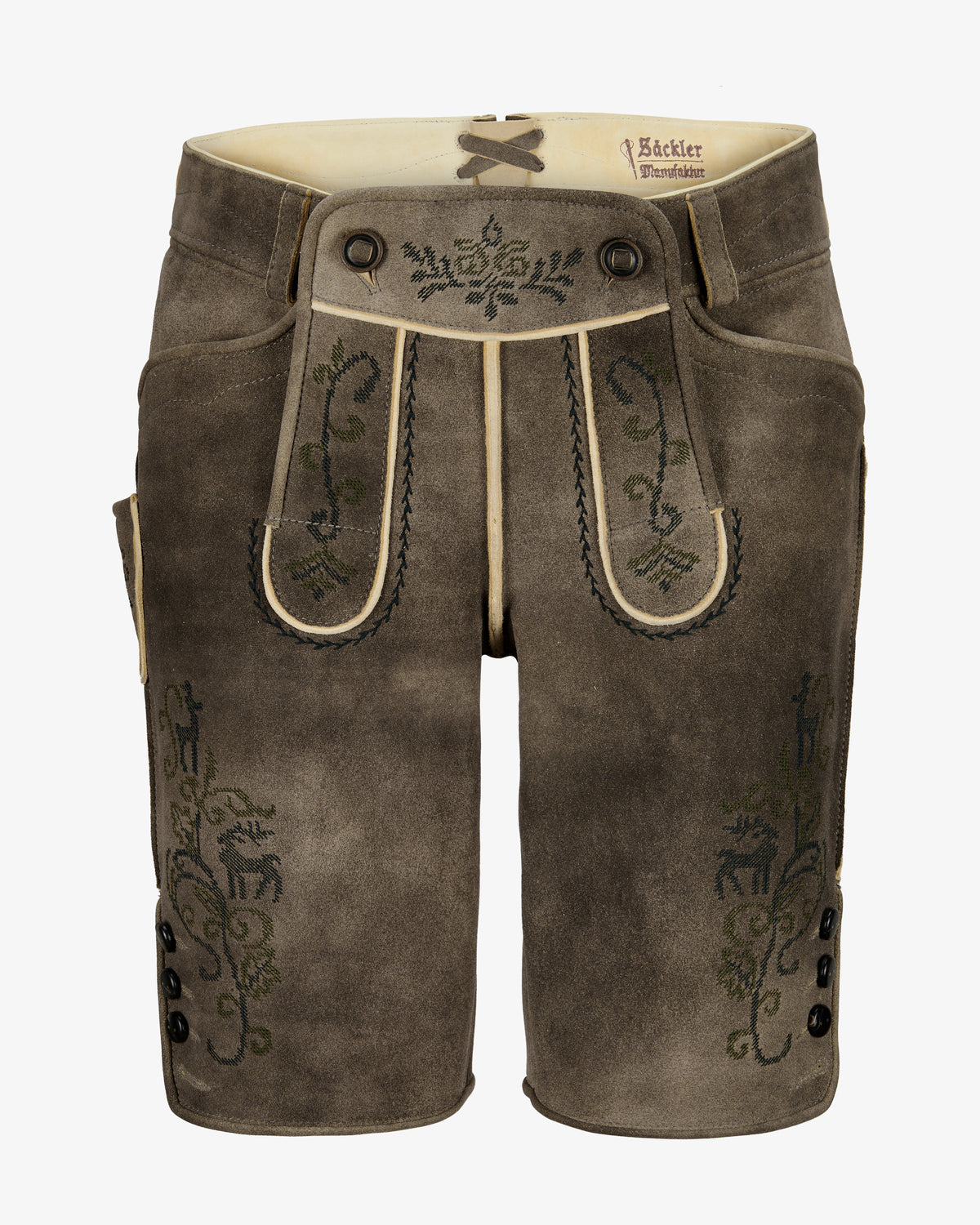 Brown leather shorts with decorative stitching on a white background