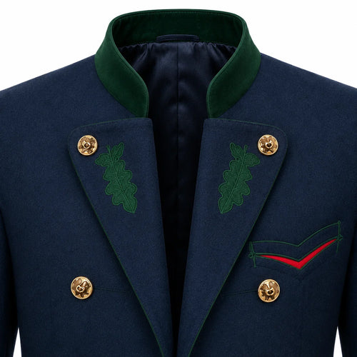 Close-up of a navy double-breasted blazer with a dark green peak collar, green embroidered oak leaf details on the lapels, gold buttons, and a red accent line on the chest pocket.