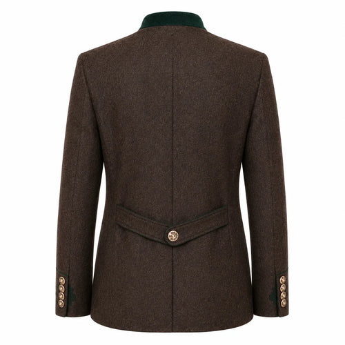A dark brown textured tweed blazer shown from the back, featuring a contrasting dark green collar, a buttoned waist flap, and decorative gold buttons on the cuffs.
