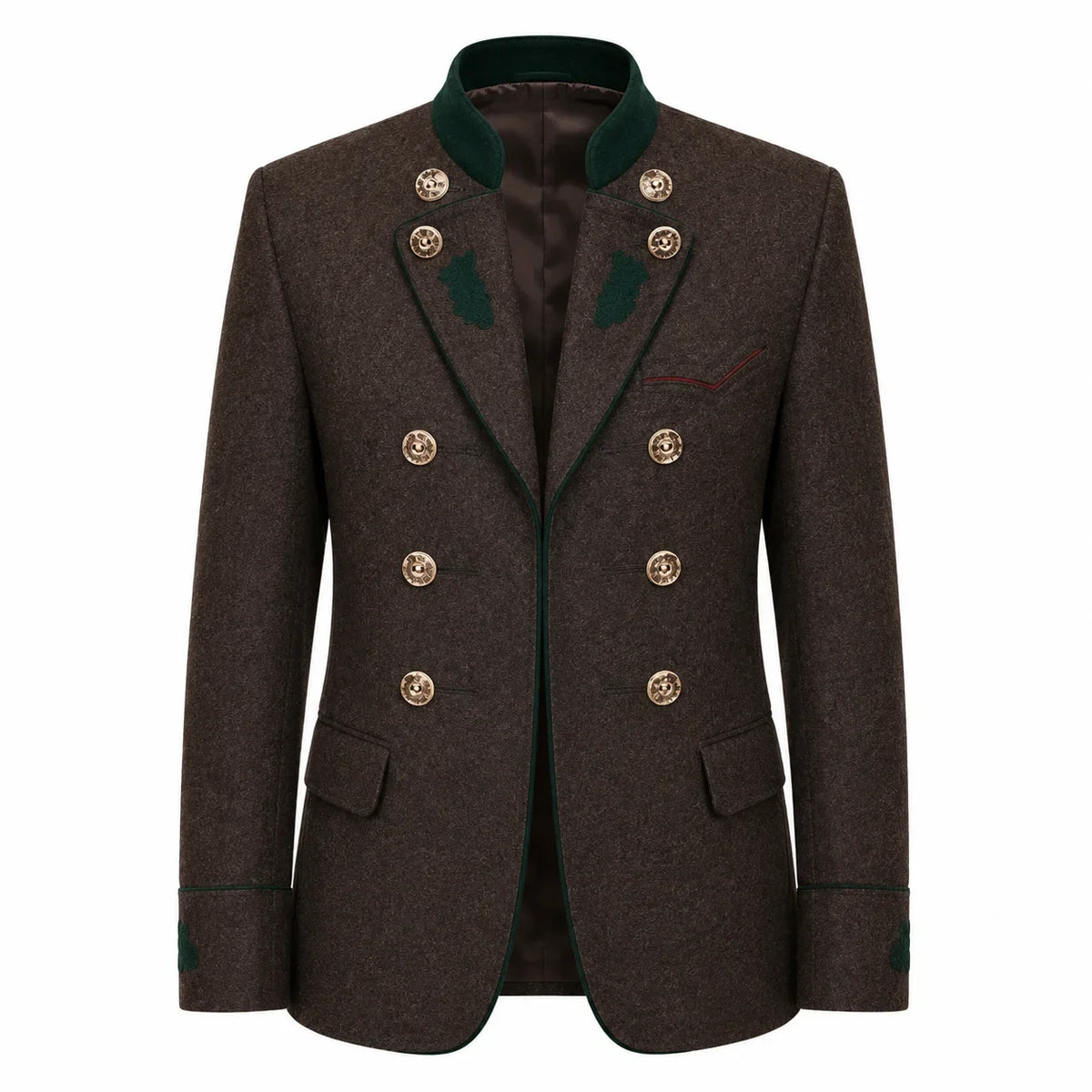A men's double-breasted blazer in dark brown textured tweed, featuring a dark green ribbed knit collar, green embroidered leaf details on the shoulders, and gold-tone buttons.