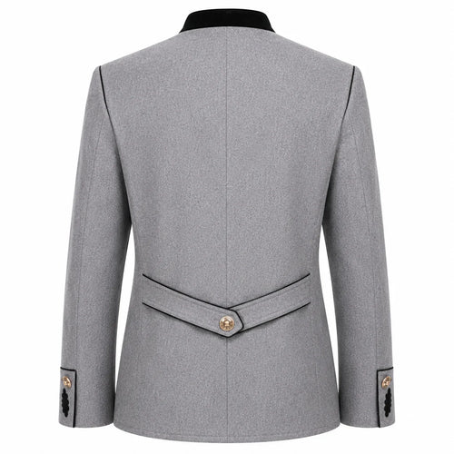 A light gray textured blazer shown from the back, featuring a structured collar, a matching waist belt with a decorative gold-tone button, and buttoned cuffs.