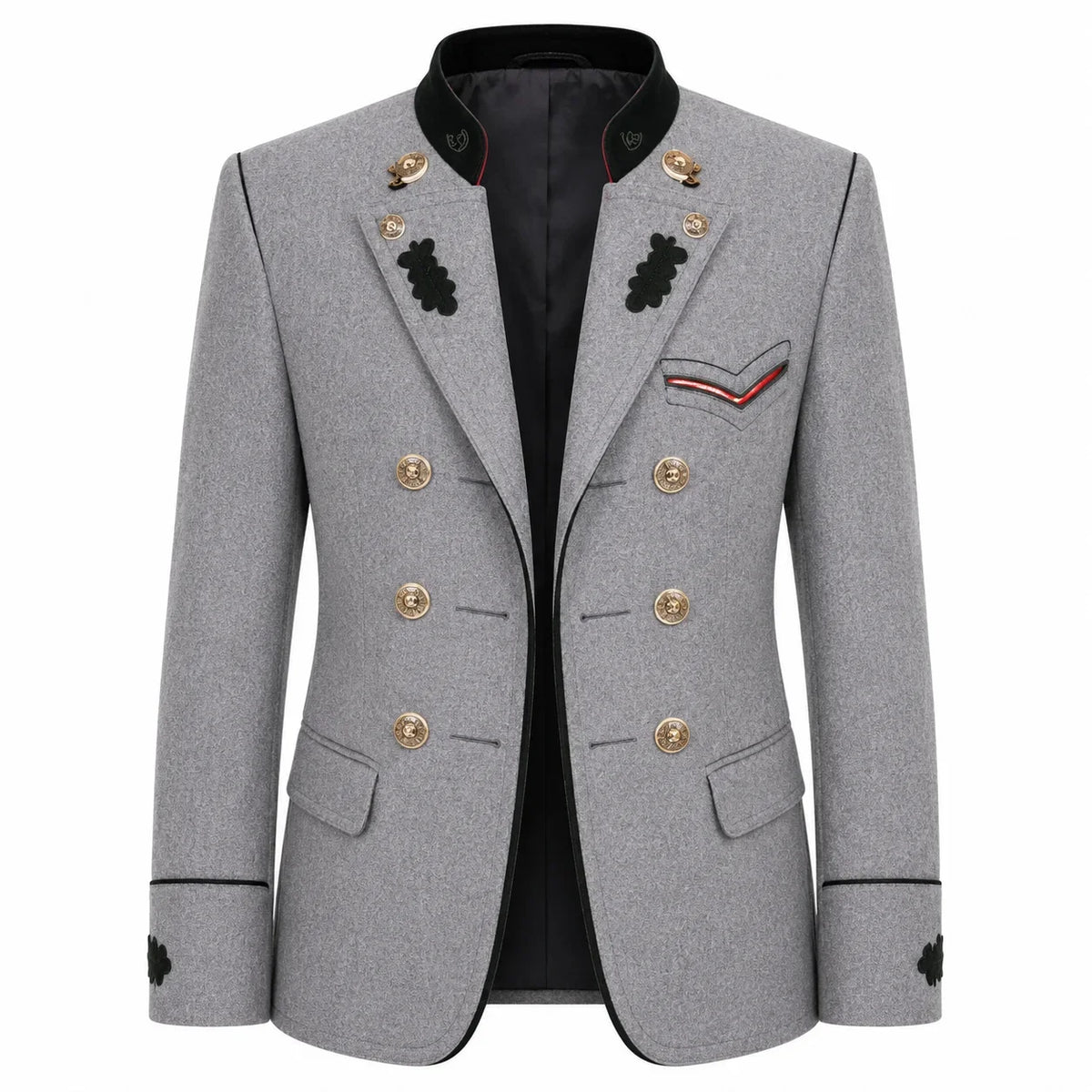A men's double-breasted blazer in heather gray wool with black trim, gold buttons, and decorative black embroidered details on the lapels and chest pocket flap, shown on a plain white background.