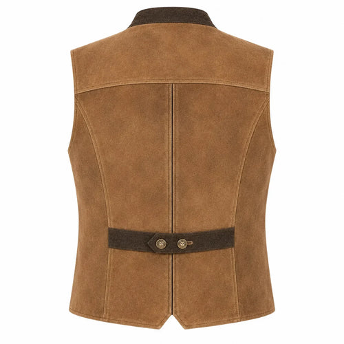 A brown suede vest shown from the back, featuring a dark brown collar and waist belt with two decorative buttons, set against a plain white background.