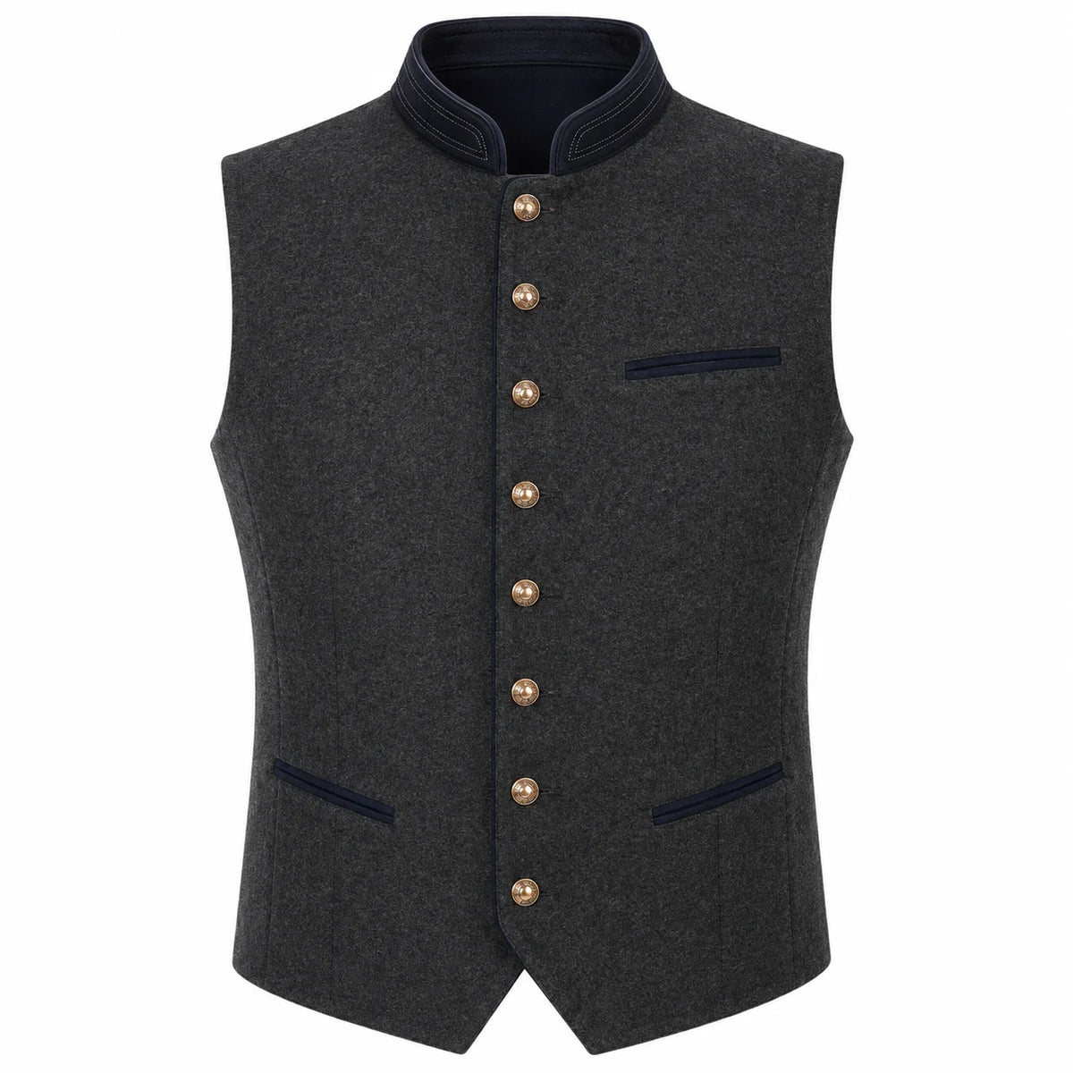 A dark gray wool-like waistcoat vest with a stand collar, gold-tone front buttons, and dark navy blue trim details on the collar, pockets, and chest pocket.