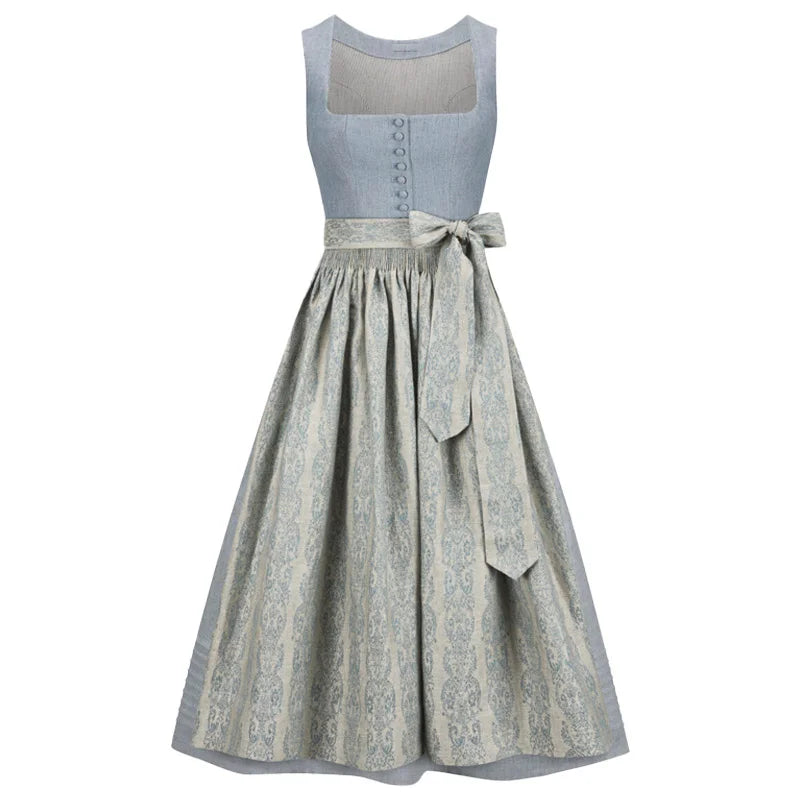 Two-tone dirndl dress with light blue top and patterned skirt on a white background