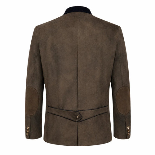 A men's brown suede jacket shown from the back, featuring dark brown patchwork elbow patches and a dark collar, photographed against a solid white background.