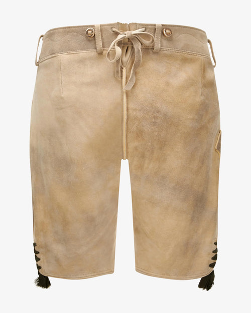 Beige shorts with black accents on a white background