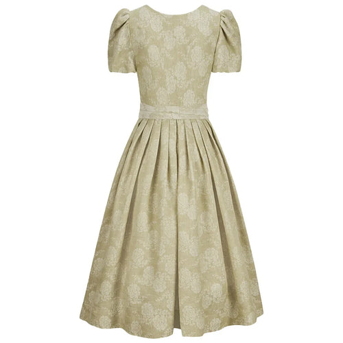 Beige floral dress with puff sleeves on a white background