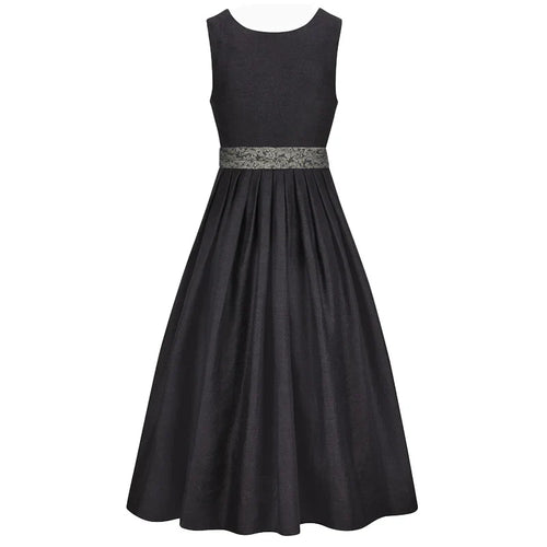 Black dress with a silver belt on a white background