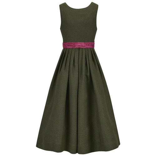 Green Dirndl dress with a pink belt on a white background