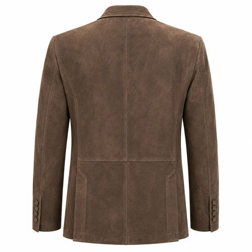 A brown suede blazer shown from the back, featuring a structured collar, long sleeves with button cuffs, and a central seam running down the back.