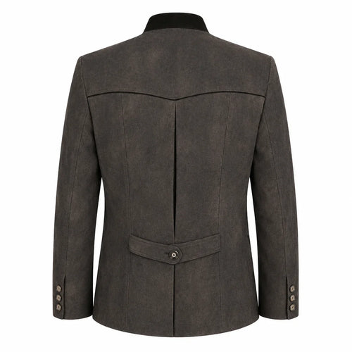 A dark brown textured blazer shown from the back, featuring a single button closure at the waist, a single button cuff, and a black collar, set against a plain white background.