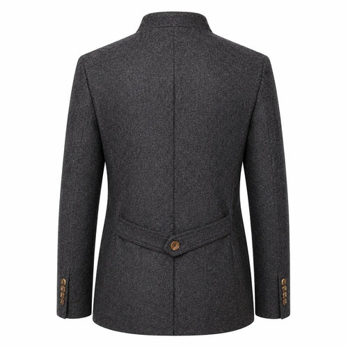 A dark gray textured wool-blend blazer shown from the back, featuring a single brown button at the waist and matching button details on the cuffs, set against a plain white background.