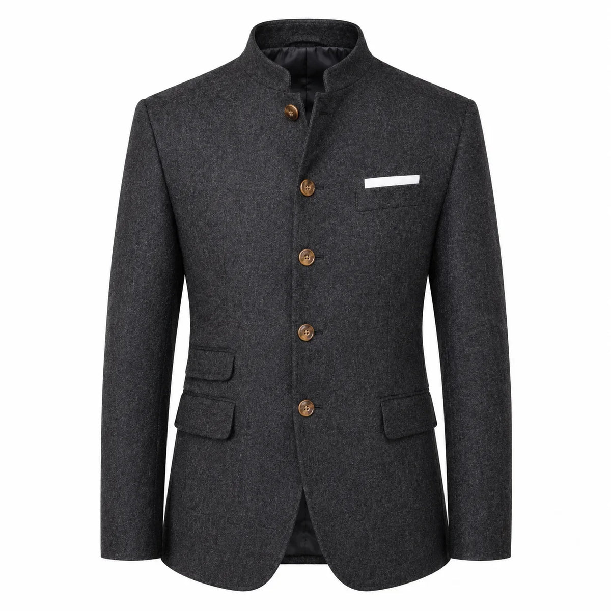 A dark gray textured wool-blend blazer with a mandarin collar, brown buttons, and a white pocket square, shown on a plain white background.