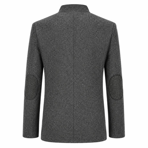 A dark gray textured wool-blend blazer shown from the back, featuring circular patchwork elbow patches on the sleeves and a clean collar.