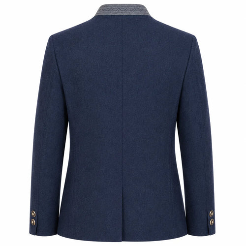 A navy blue wool blazer shown from the back, featuring a textured gray collar and gold-tone button details on the cuffs, set against a plain white background.