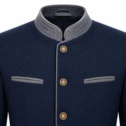 A close-up of a men's traditional-style jacket in dark navy blue with contrasting gray trim on the stand collar, button placket, and chest pockets, featuring three gold-tone buttons.