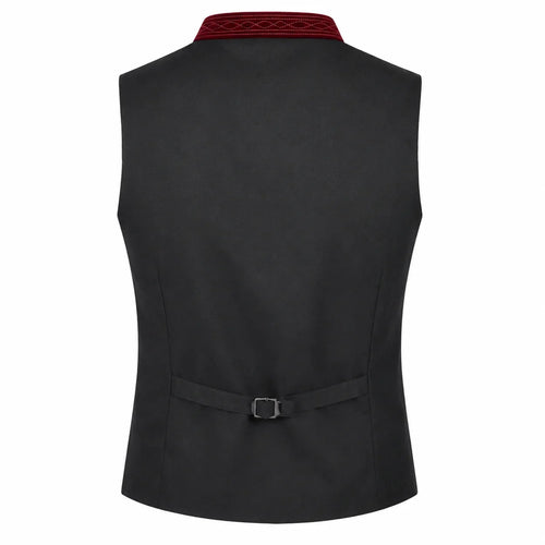 A black waistcoat vest with a red patterned collar and a matching black waist belt with a silver buckle, shown from the back on a white background.