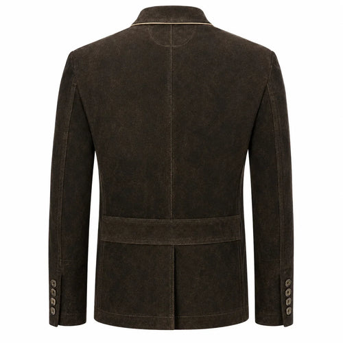 A dark brown suede blazer shown from the back, featuring a structured collar, a central seam, a waist belt, and button details on the cuffs, set against a plain white background.