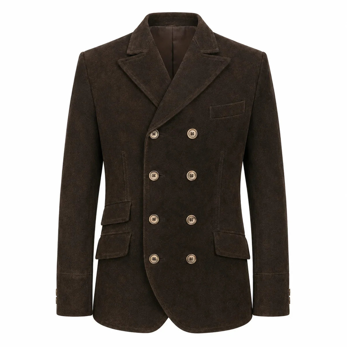 A dark brown double-breasted blazer jacket made of textured corduroy or suede-like fabric, featuring gold-tone buttons and a notch lapel, shown against a plain white background.