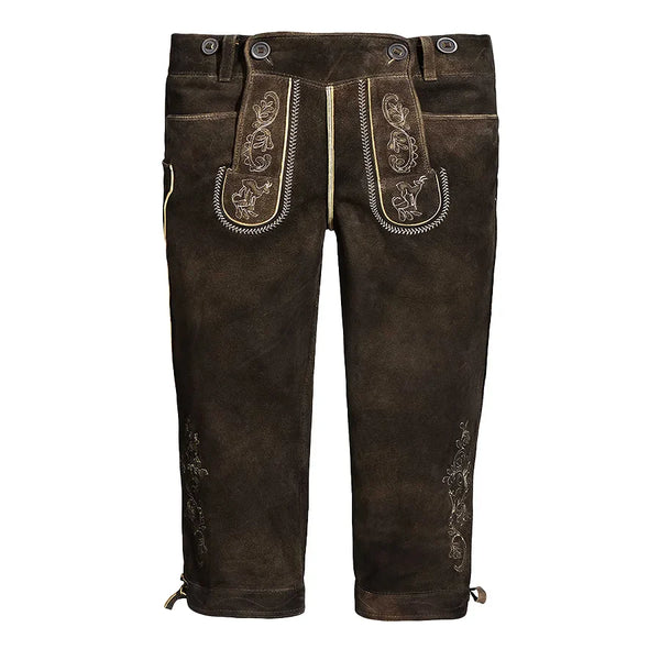 Brown leather pants with embroidered details on a white background