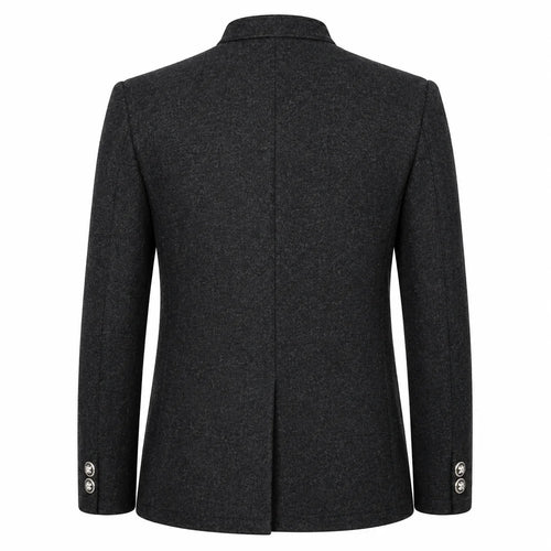 A dark charcoal gray wool-blend blazer shown from the back, featuring a structured collar, a central seam, and button details on the cuffs, set against a plain white background.