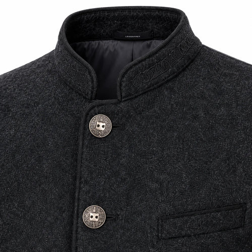 Close-up of a dark charcoal gray textured wool jacket with a mandarin collar, decorative embroidered details on the collar, and two round silver-tone buttons with a central owl emblem.
