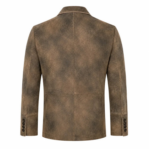 A men's brown jacket with a distressed, textured finish, shown from the back on a plain white background.