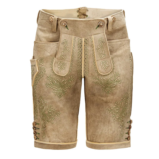 Traditional Bavarian lederhosen with intricate embroidery on a white background