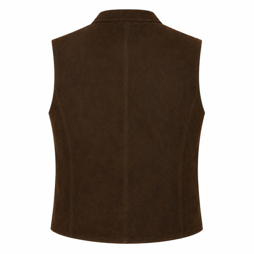 A dark brown suede vest shown from the back, featuring a central seam and a collar, isolated on a white background.