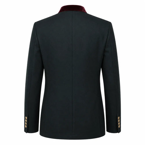 The back view of a men's blazer in black, featuring a contrasting dark burgundy velvet collar and gold button accents on the cuffs.