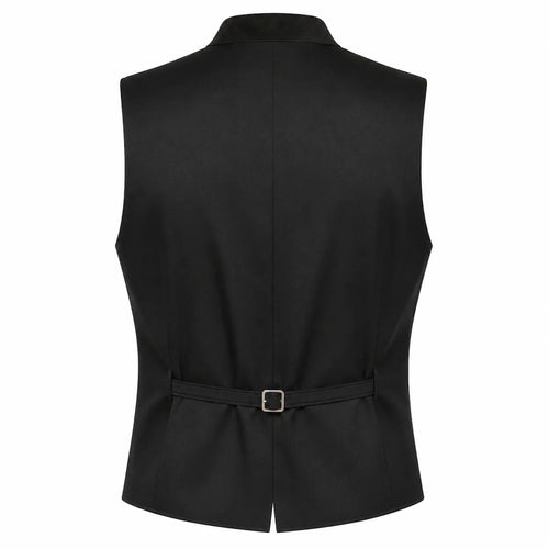 Black sleeveless vest shown from the back, featuring a collar, a self-tie belt with a silver buckle at the waist, and a clean white background.