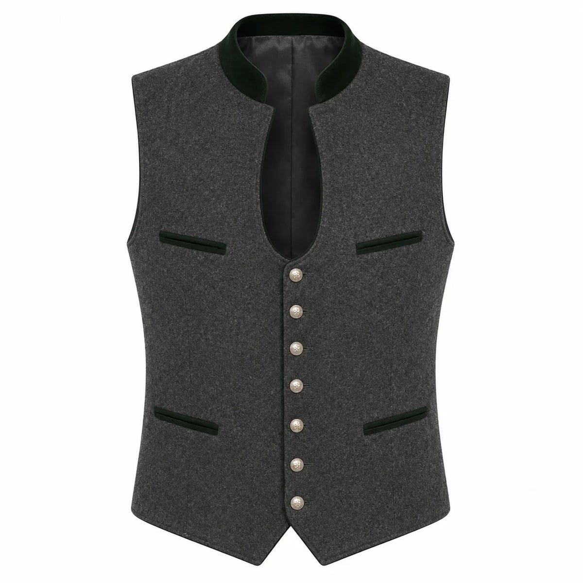 A dark gray wool-blend waistcoat vest with a black satin collar, black trim details, and a row of silver buttons down the front, displayed on a solid white background.