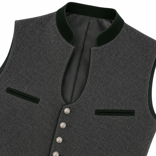 Close-up of a dark gray textured waistcoat vest with a black velvet collar, black trim details, and silver buttons, shown on a white background.