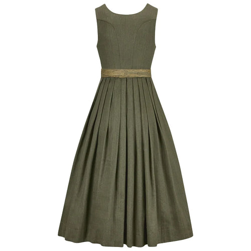 Green dress with a belt on a white background